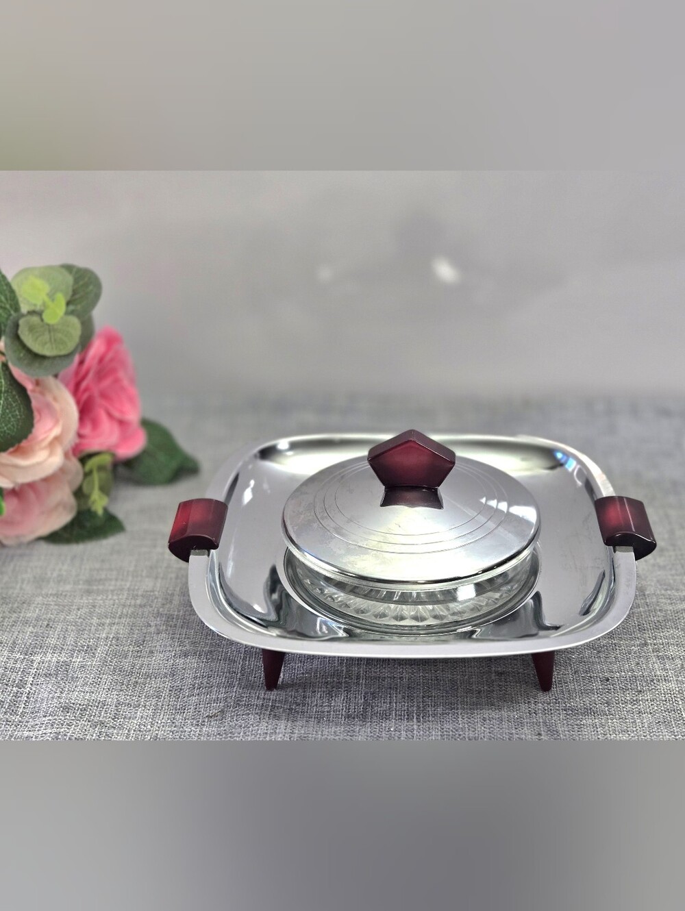 Vtg Glo-Hill Gourmates Chrome Covered Butter Dish Bakelite Cherry Red MCM 7.5"